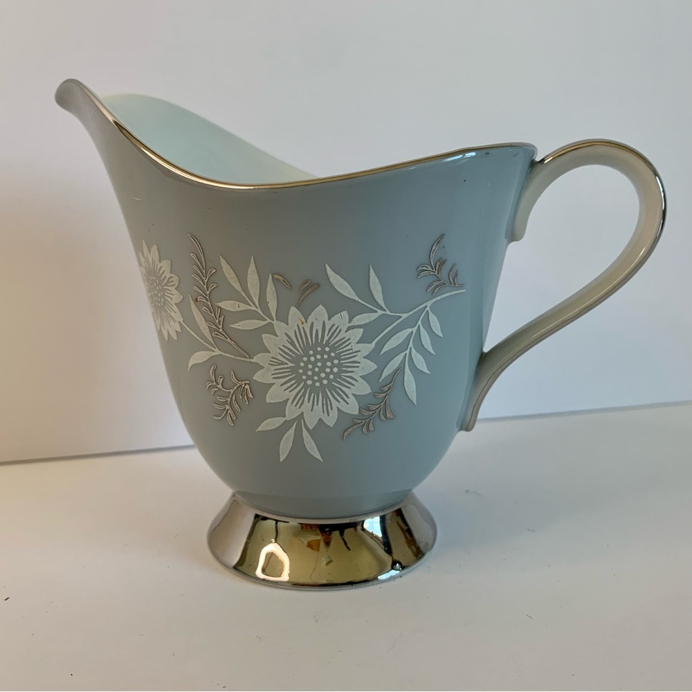 Seyei Japanese Colored China Blue Creamer Platinum Trim Floral